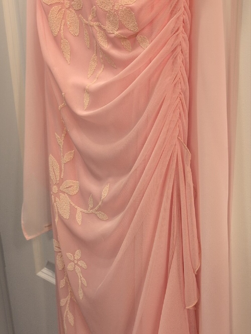 Mariposa Light Pink Strapless Floral Chiffon Evening Gown with Scarf - Picture 7 of 10